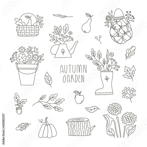 Vector Line set with autumn garden bouquet compositions for card, invitation, web site, stickers, banner. Cute fall minimal illustrations