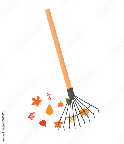 Rake and autumn leaves on a white background, used for design, vector illustration