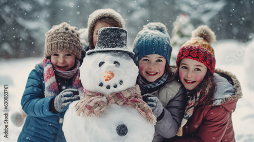 A group of children happily decorated a snowman with colorful scarves, hats and accessories. Snowman and children during christmas winter