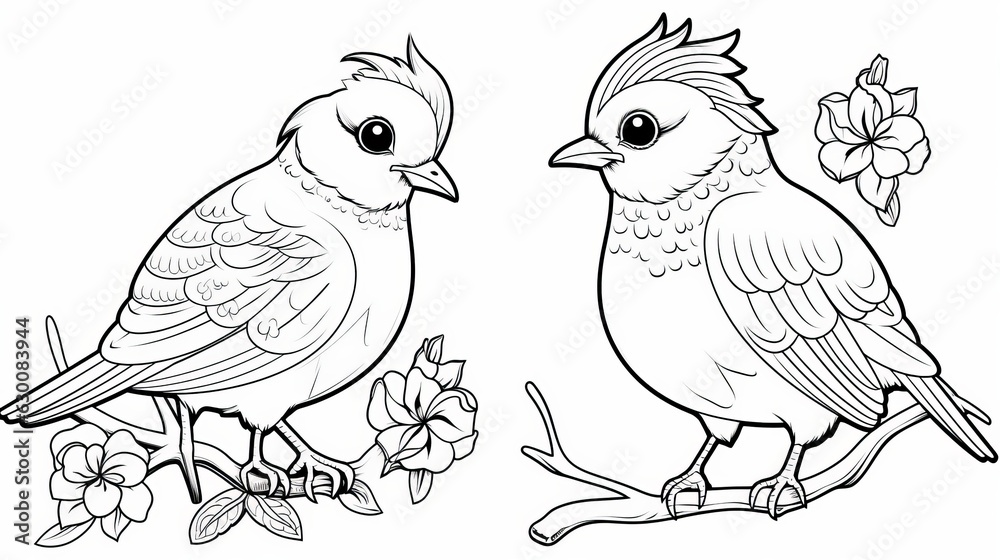 Fototapeta premium coloring book for children with birds, coloring with felt-tip pens and pencils on the theme of ornithology. The development of fine motor skills in children. Generative AI