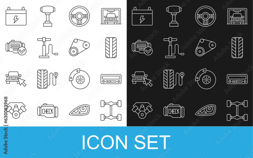 Set line Chassis car, Car audio, tire wheel, Steering, air pump, Check engine, battery and Timing belt kit icon. Vector Set line Chassis car, Car audio, tire wheel, Steering, air pump, Check engine, battery and Timing belt kit icon. Vector