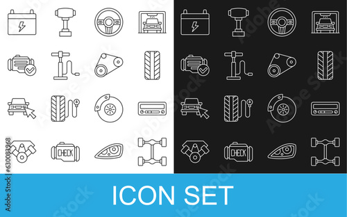 Set line Chassis car, Car audio, tire wheel, Steering, air pump, Check engine, battery and Timing belt kit icon. Vector