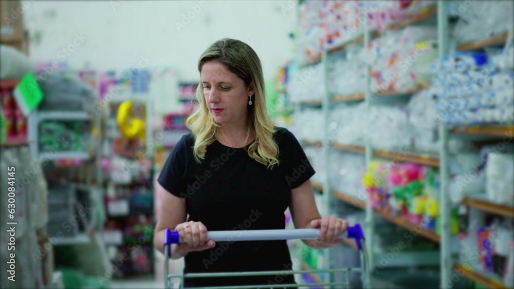 Female Shopper Browsing Products in Supermarket Aisle with Shopping Cart