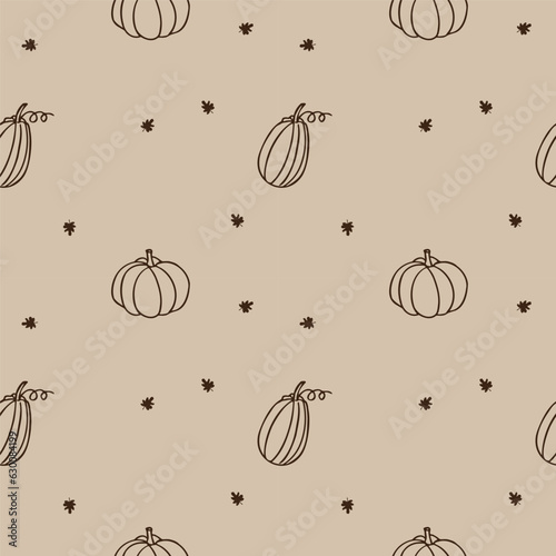 Autumn seamless pattern boho style with pumpkins and fall leaves. Vector illustration of autumn ornament repetitive background. For textile, wrapping, card, polygraph, print, wallpaper. Hand drawn 