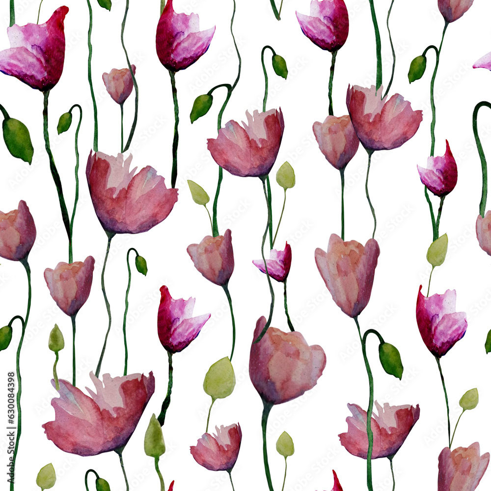 Floral seamless pattern with abstract red and purple poppies, delicate buds and leaves. Watercolor print isolated on white background for textile or wallpapers etc.