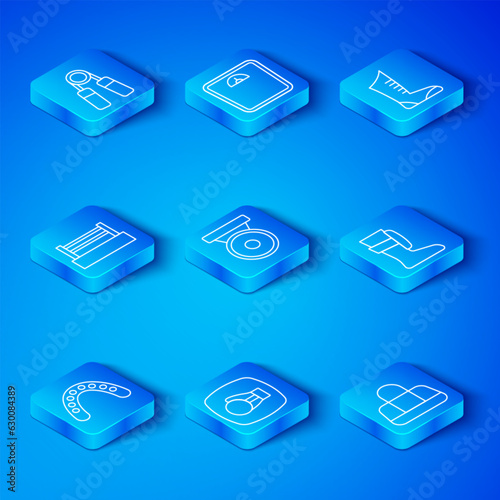 Set line Mouth guard boxer, Boxing gong, glove, Sport boxing shoes, ring, expander and bag icon. Vector