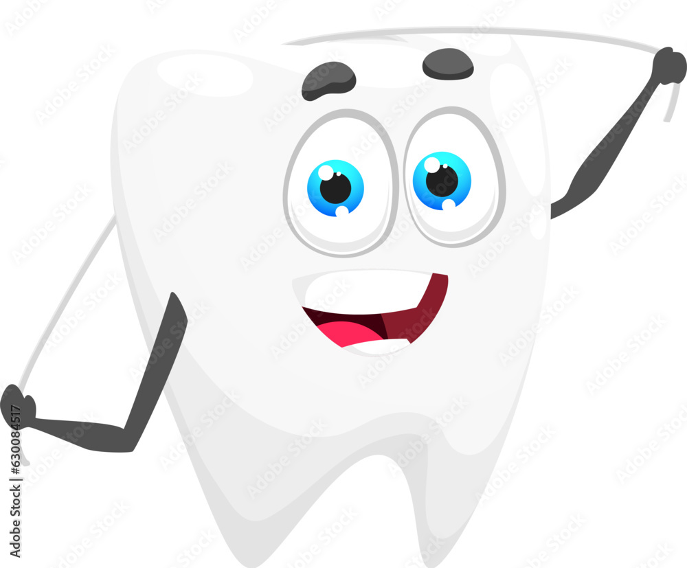 Cartoon tooth character with dental floss. Isolated vector personage with cute face promoting oral hygiene, encourages flossing habits and emphasizes the importance of maintaining a healthy smile Cartoon tooth character with dental floss. Isolated vector personage with cute face promoting oral hygiene, encourages flossing habits and emphasizes the importance of maintaining a healthy smile