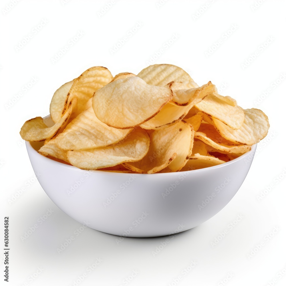 Potato chips in bowl isolated on white background Potato chips in bowl isolated on white background