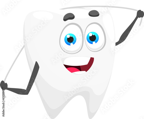 Cartoon tooth character with dental floss. Isolated vector personage with cute face promoting oral hygiene, encourages flossing habits and emphasizes the importance of maintaining a healthy smile