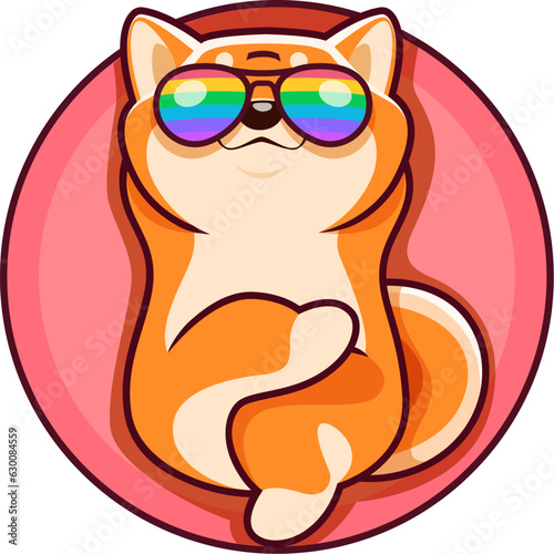Cartoon happy shiba inu dog character, cute kawaii pet personage. Isolated vector cool animal wear rainbow sunglasses lying on back with paws over the head. Canine puppy relaxing on the bed