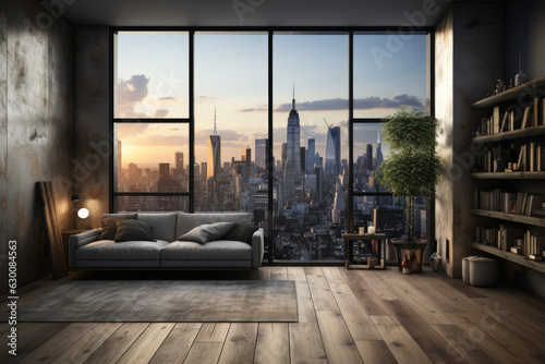 Empty room with windows overlooking the city, in the style of photo-realistic landscapes, rug, light bronze and gray, Created with Generative AI Technology. 