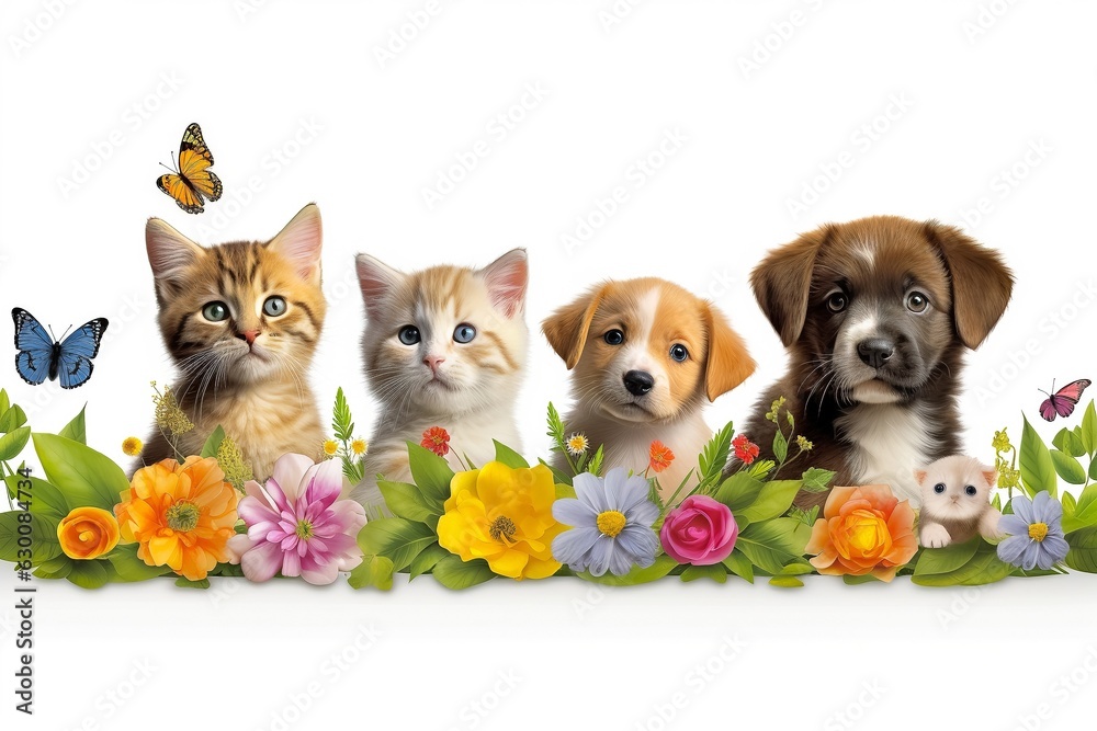 Children's greeting card template with cute cartoon kittens and puppies in flower frame isolated on white background