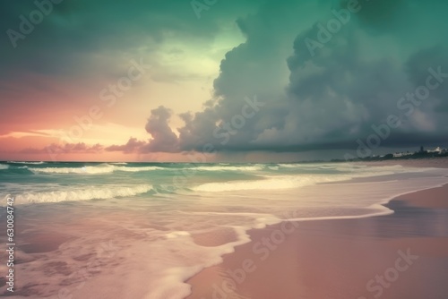 Closeup sea sand beach. Panoramic beach landscape. Inspire tropical beach seascape. Pink and blue sunset sky calmness tranquil relaxing sunlight summer mood. Vacation travel holiday banner