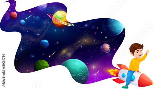 Cartoon kid flying on space rocket in starry galaxy. Funny boy riding shuttle imagine himself being astronaut. Happy adventurous child soaring through galaxy on rocketship, exploring Universe wonders