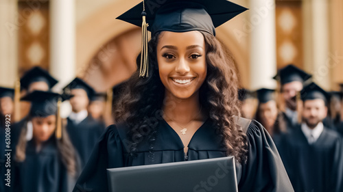 Portrait of a smiling african american female graduate in cap and gown looking at camera against the background of university graduates. Education, goal or university with a female pupil outside.