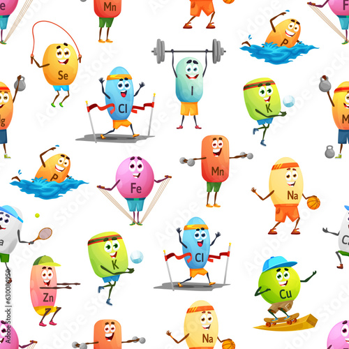 Cartoon minerals sportsman characters seamless pattern. Minerals nutrition supplements funny personages doing fitness and playing sport games fabric print, vector background or seamless pattern