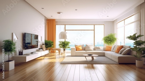 Modern living room apartment interior with sofa, coffee table and plant