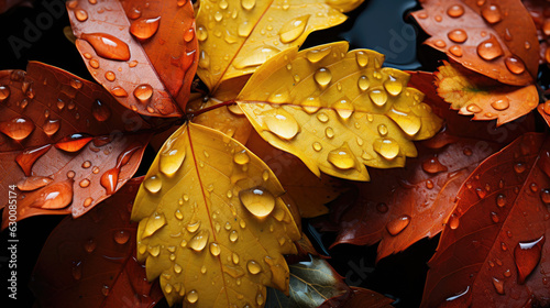 Autumn colorful leaves background, adorned with glistening raindrops of water. top down view. shot using a dsIr camera, iso 800. professional color.  © passionart