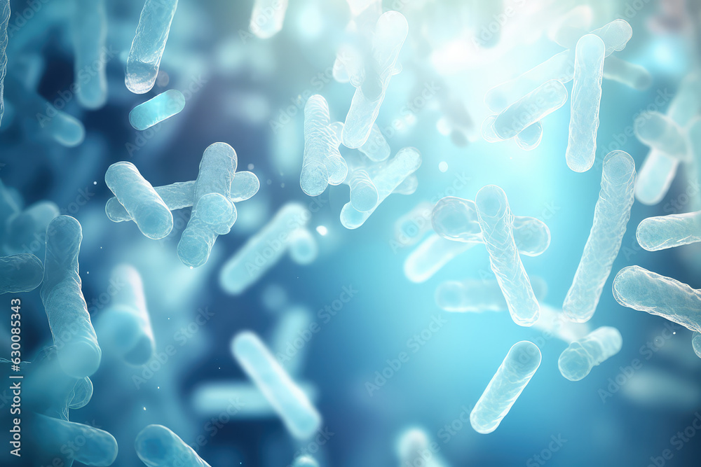 Lactic Acid Bacteria Genome Database. Light blue color. Microscope shot of Lactobacillus and Bifidobacterium. 3d render illustration style. Flying Molecules in capsule form. Lactic Acid Bacteria Genome Database. Light blue color. Microscope shot of Lactobacillus and Bifidobacterium. 3d render illustration style. Flying Molecules in capsule form.