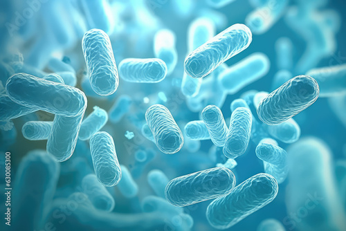Lactic Acid Bacteria Genome Database. Light blue color. Microscope shot of Lactobacillus and Bifidobacterium. 3d render illustration style. Flying Molecules in capsule form. 