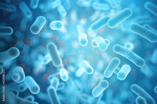 Lactic Acid Bacteria Genome Database. Light blue color. Microscope shot of Lactobacillus and Bifidobacterium. 3d render illustration style. Flying Molecules in capsule form.  photo