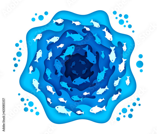 Sea paper cut with tropical fish shoal. Underwater 3d vector frame with spinning vortex of fish silhouettes in depth create an intriguing stunning backdrop for ocean-themed projects, marine background