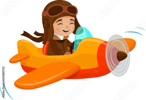 Photographie Kid flying on plane, cartoon pilot character on airplane or boy aviator, isolated vector