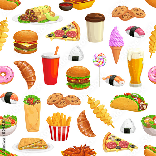 Cartoon fast food seamless pattern. Burgers and pizza, fastfood snacks and soda drinks vector background. Mexican taco, burrito and beer, hot dog, donut, fries and coffee, sushi and chicken wings