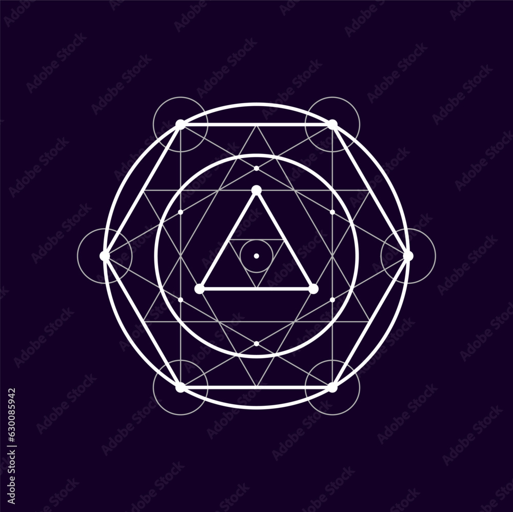 Obraz premium Round geometric sacred shape geometric boho alchemy symbol. Vector mystic bohemian esoteric sign, magical tribal circle and triangles