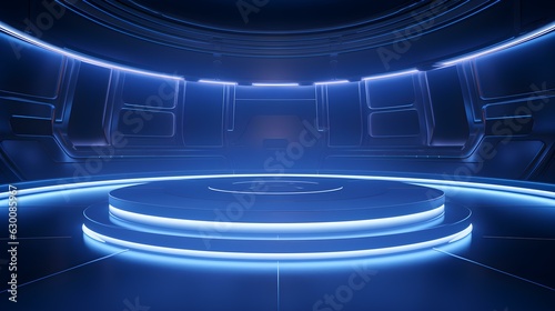 Futuristic Room in Navy Blue Colors with beautiful Lighting. Stunning Background for Product Presentation.