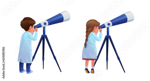 Cartoon boy and girl kids look through a telescope. Vector curious children wear lab coats gazing through a glass, exploring mysteries of the universe, igniting their imaginations, learning astronomy
