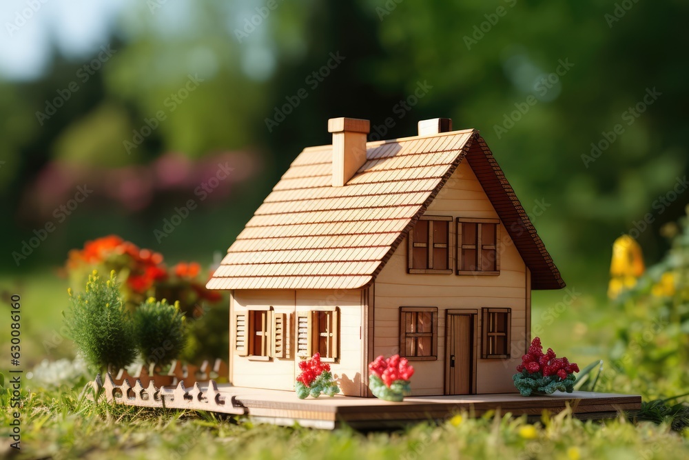 Miniature model house on green grass background.
