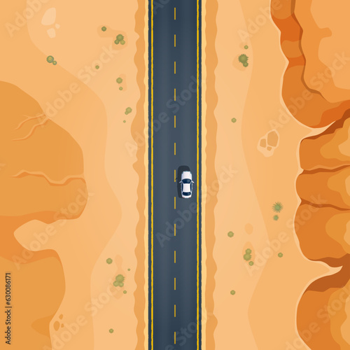 Desert road top view of car driving through the deserted area with dry land, rocks and cacti along asphalted highway. Vector landscape of highway and automobile travel in africa, arizona or mexico