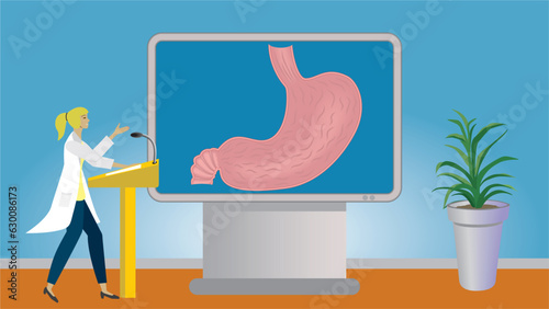 Woman doctor or medical student in lecture about abdomen, stomach, standing in front of big monitor screen in lecture hall. Dimension 16:9. Vector illustration.