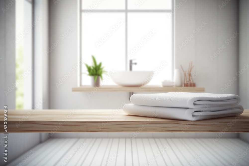 Stack of white towels on wooden table in modern kitchen Stack of white towels on wooden table in modern kitchen