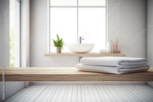 Stack of white towels on wooden table in modern kitchen