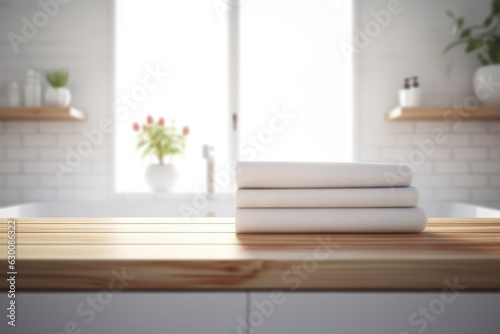 Stack of white towels on wooden table in modern kitchen