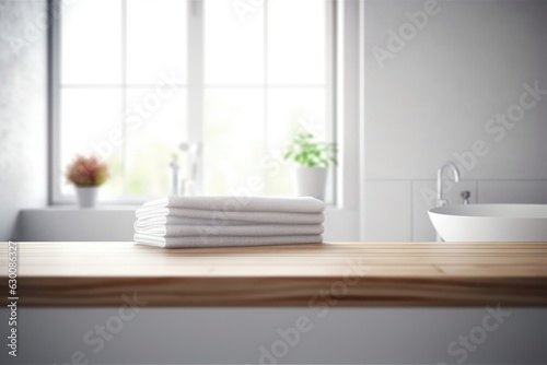 Stack of white towels on wooden table in modern kitchen