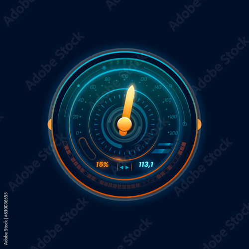 Speedometer neon dial, car speed gauge dashboard, futuristic counter with clear markings and smooth rotation. Isolated realistic vector sensor panel with arrow scale of level gasoline, measuring board