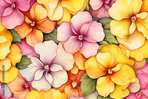 Primrose flowers in vintage style in shades of pink  orange  and yellow  overlapping in a random pattern  with detailed shading and texture on the petals.