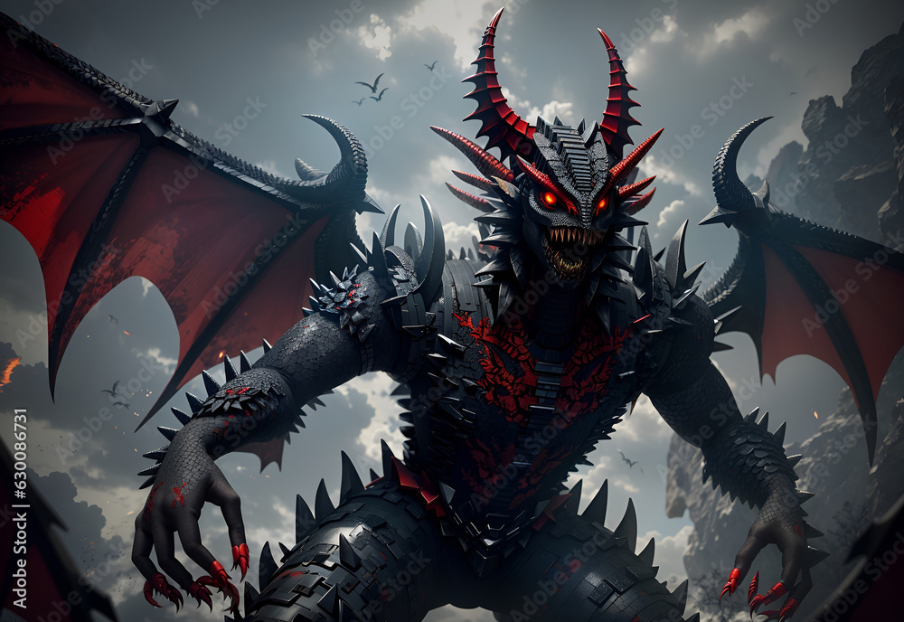 Fantasy dragon. Red eyes and wings with black body. Monster and ...