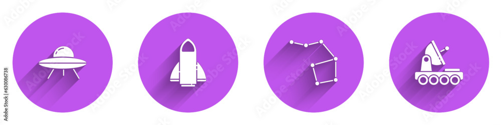 Set UFO flying spaceship, Rocket, Great Bear constellation and Mars rover icon with long shadow. Vector Set UFO flying spaceship, Rocket, Great Bear constellation and Mars rover icon with long shadow. Vector