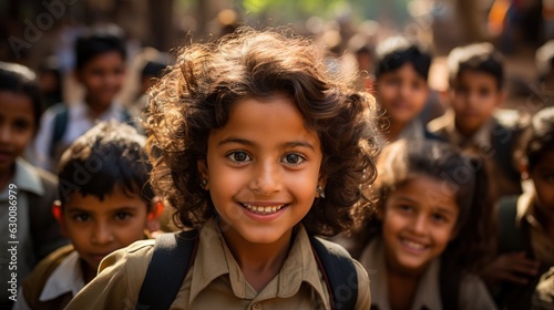 School children. Smiling children looking at the camera with friends in the background. Indian children.