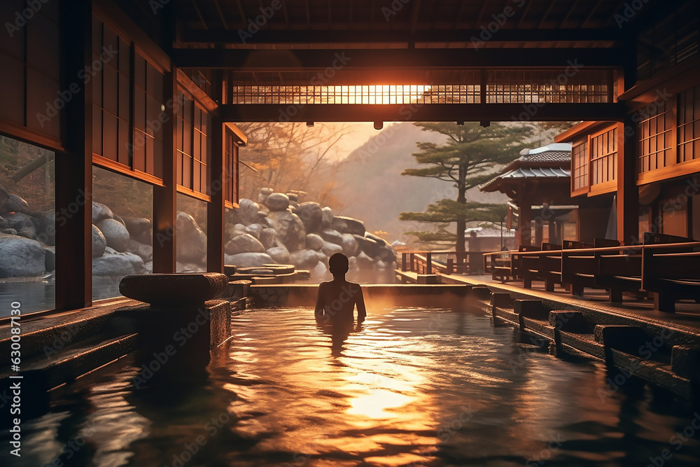 Obraz premium a person enjoying Onsen , a japanese hot spring in a traditional Japanese hotel ,Ryokan