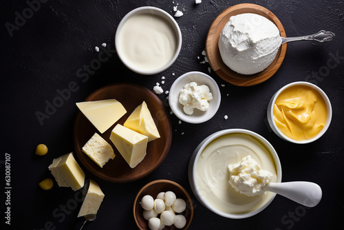Different fresh delicious dairy products, cheese, butter, milk, cream, yogurt, top view photo on a black background, flatley photo