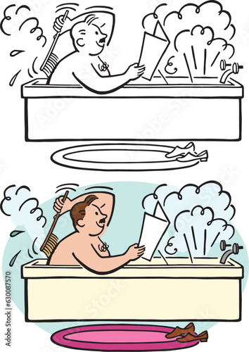 A vintage retro cartoon of a man taking a hot bath in a bathtub. 