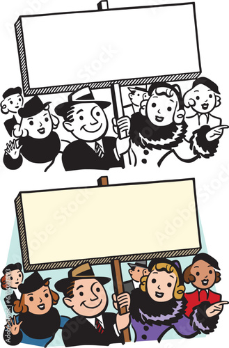 A vintage retro cartoon of a group of people marching and holding a blank sign. 