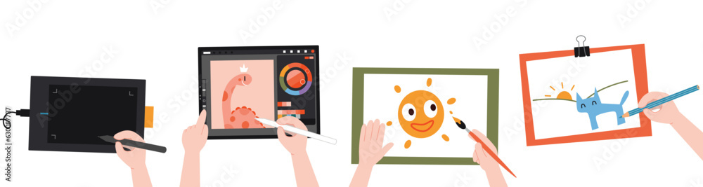 Different ways of creativity. Childrens hands at art class, digital painting and hand drawing, top view, cartoon style. Trendy modern vector illustration isolated on white background, flat design
