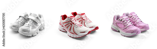 transparent background cutouts of kids and children sneakers training shoes collection Set of different styles and colors - Generative AI