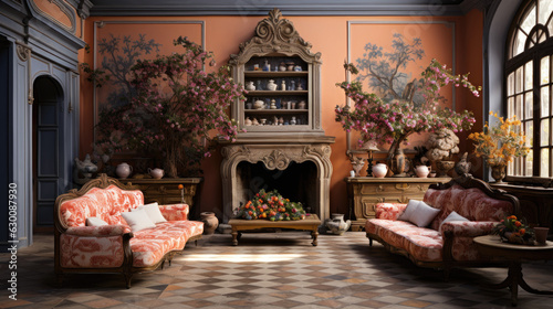 Colorful Provencal fabric cushions, Decorative mantel with carved details, Crystal chandelier and wall sconces, Terracotta tile flooring, Floral oriental area r.Created with Generative AI Technology. 